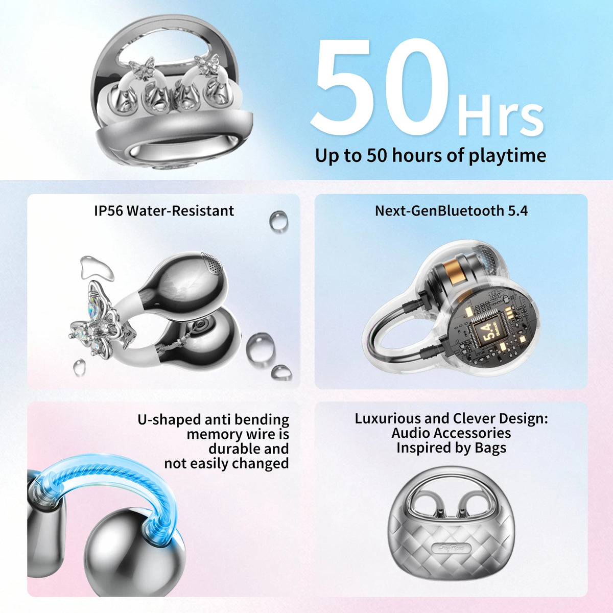 SayRose RJ-65 Fashion Open Ear Bluetooth Earbuds V5.4 ENC Call/Noise Reduction Bag Style Charging Case Wireless Headphones