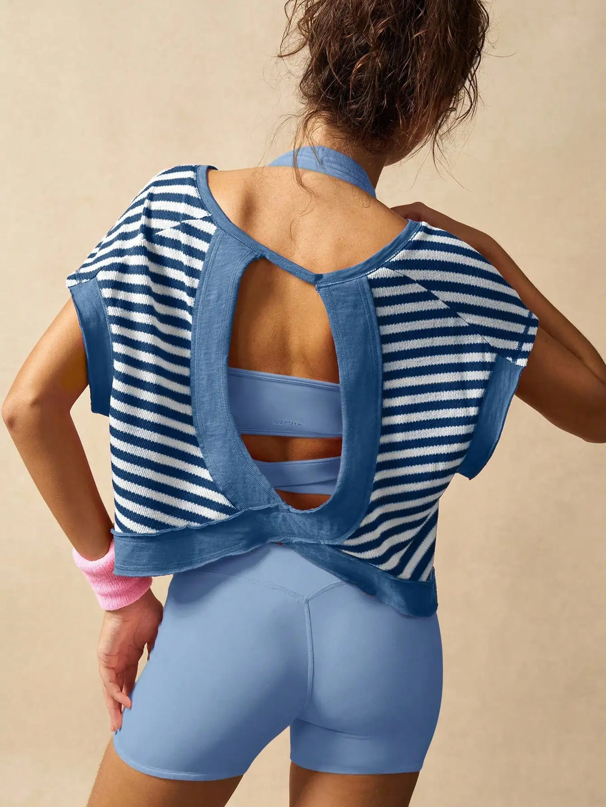 Women Striped Open Back Workout/Top Gym Crop Top Summer Active Wear Shirts