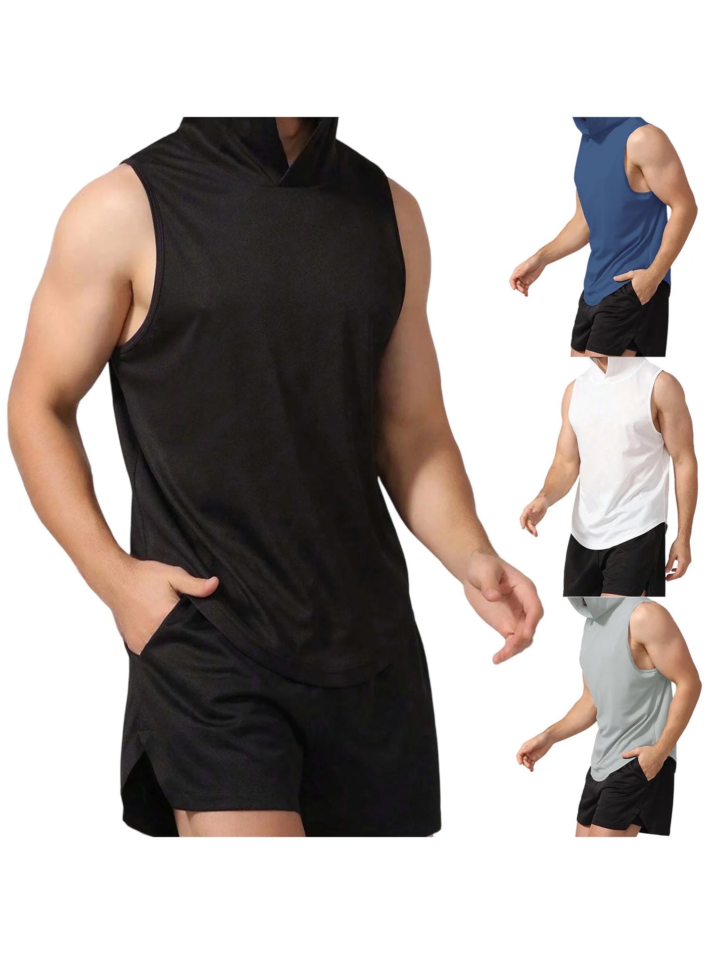 Men s Sleeveless Hooded Workout Tank Top Solid Color Athletic/Gym Vest for Bodybuilding and Summer Fitness Training
