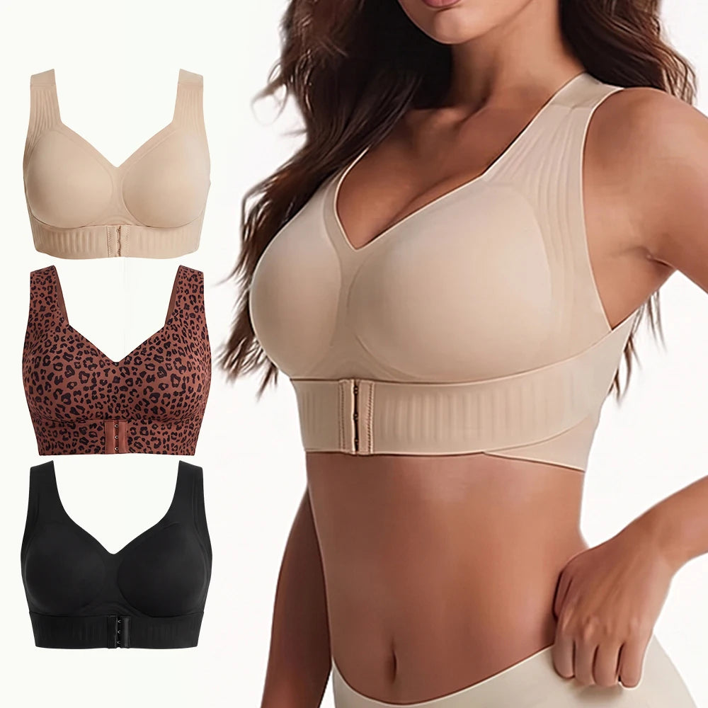 Women Wireless Posture Bra, Front Closure Cross Back Design/Wide Strap Full Coverage Back Support Comfort Daily Underwear