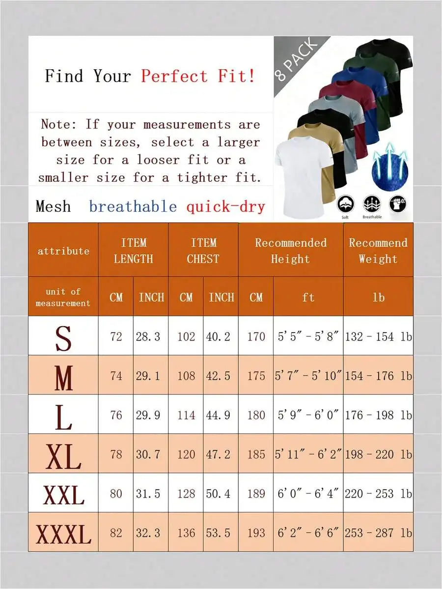 RELOUST 8PCS Workout Shirts For Men Athletic Running Gym T-Shirt/Quick-Drying Cooling Breathable Performance Top Moisture