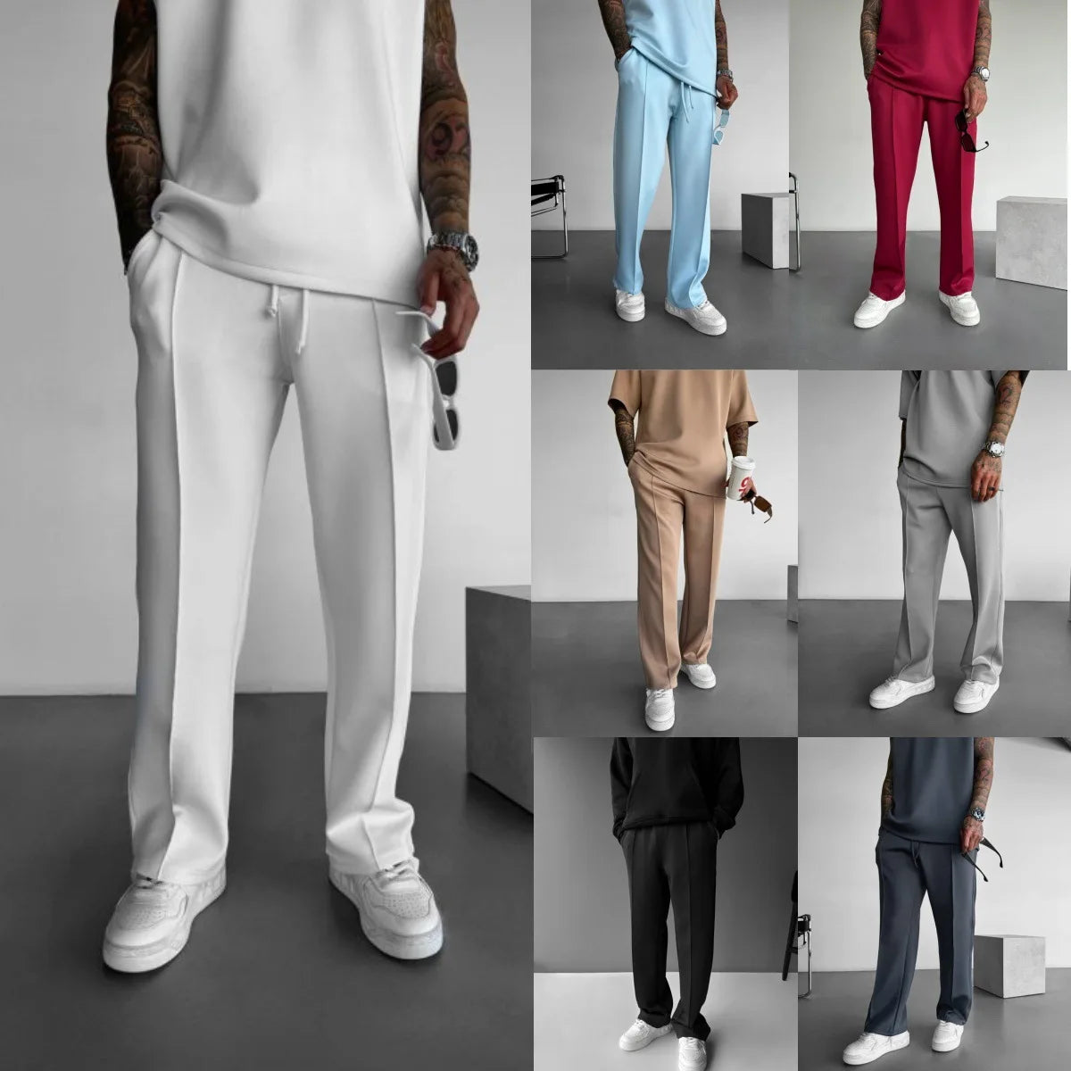 New men's casual pants, stylish and comfortable elastic waist/drawstring single-line pleated solid color pocket mops pants