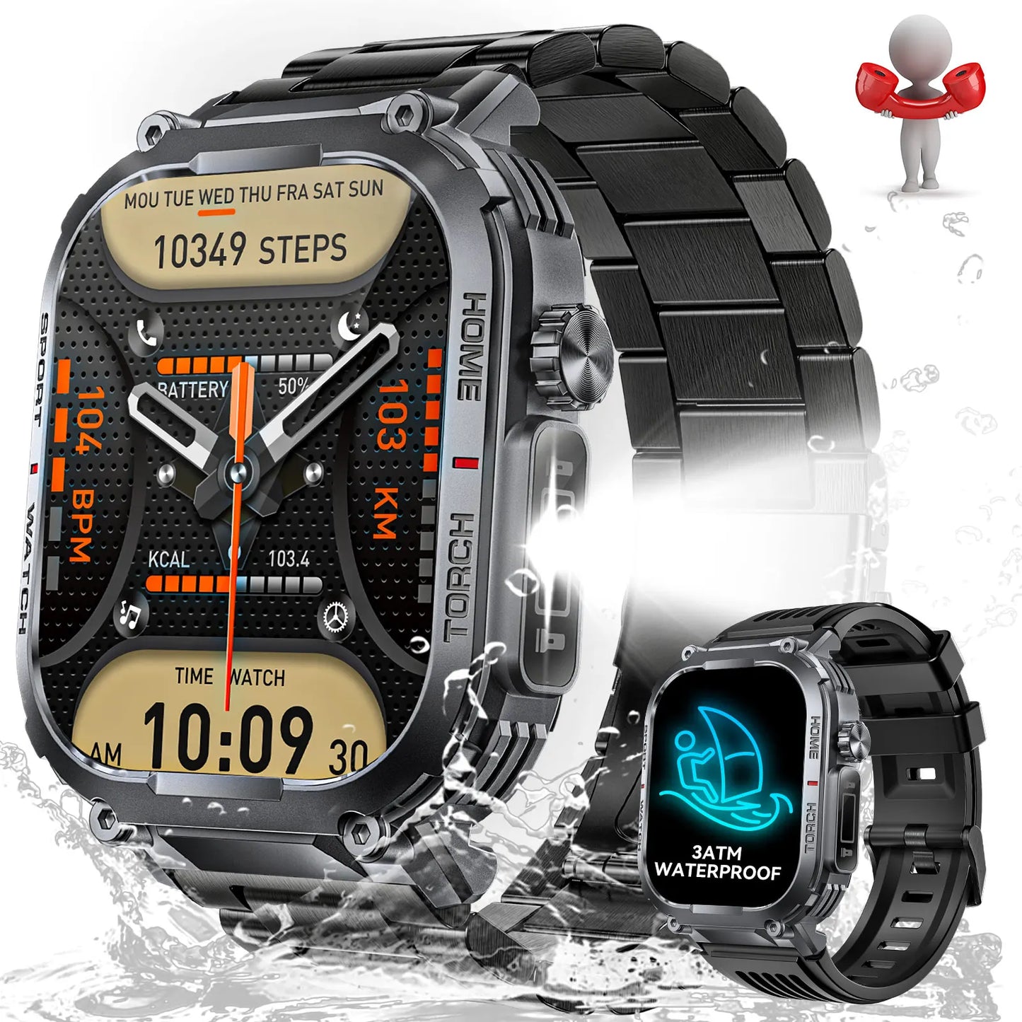 LaNikar New Smart Watch Men 3ATM Waterproof 2.02"S320B With Compass/And LED Flashlight Sports And Fitness Tracking Heart Rate
