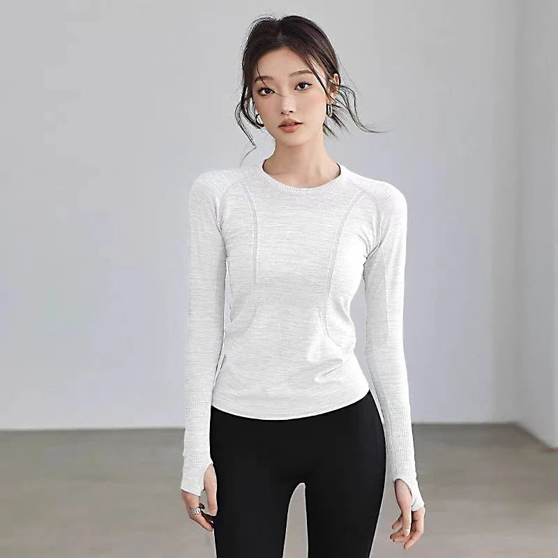 Yoga Clothes for Women, Sports Tops Round Neck Seamless Slim/Running Shirt Fitness Workout Long Sleeves Gym T shirt