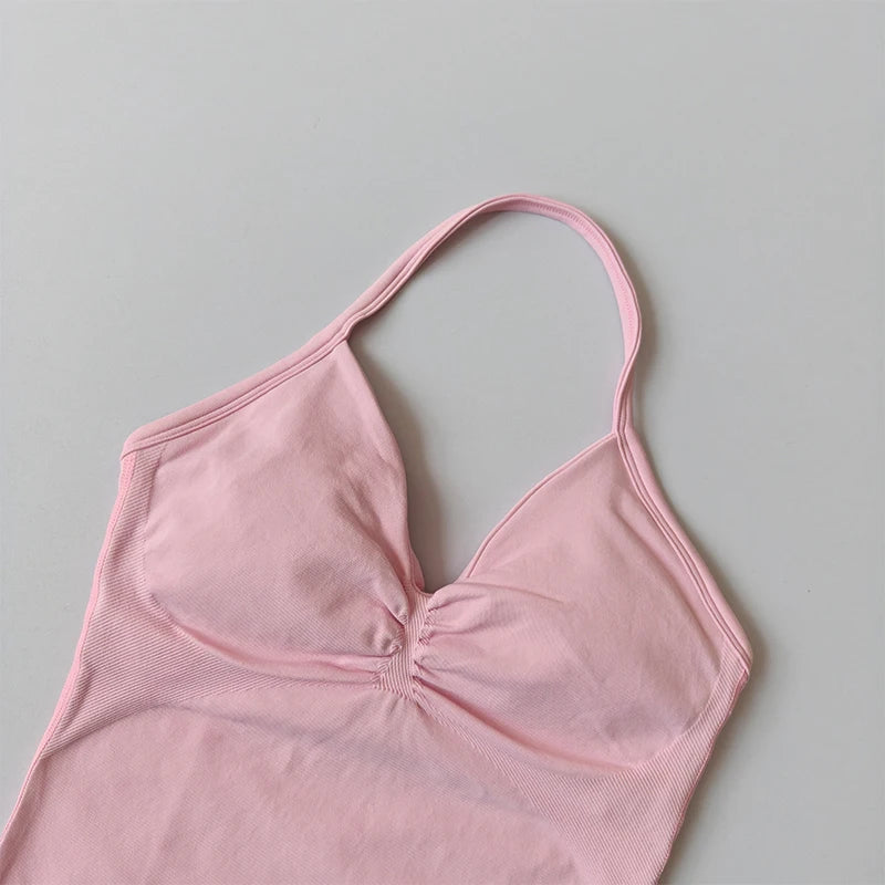 Longline Strappy Seamless Yoga Tank Top Backless/Gym Vest with Built-in Bra Sleeveless Workout Top