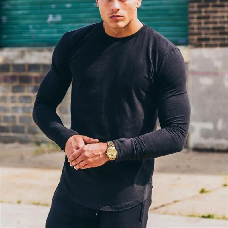 Plain Cotton Breathable Long Sleeve Clothing Gym Fitness Bodybuilding/Sport T-shirts Men's Workout Casual Slim Fit Autumn Shirts