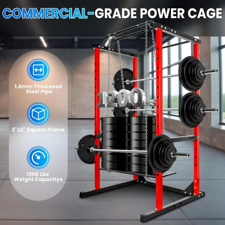 Squat Rack 1200LB Capacity, Fitness Power Cage with Adjustable Pull Up Bar/J Hooks, Multi-Functional Weight Bench for Home Gym