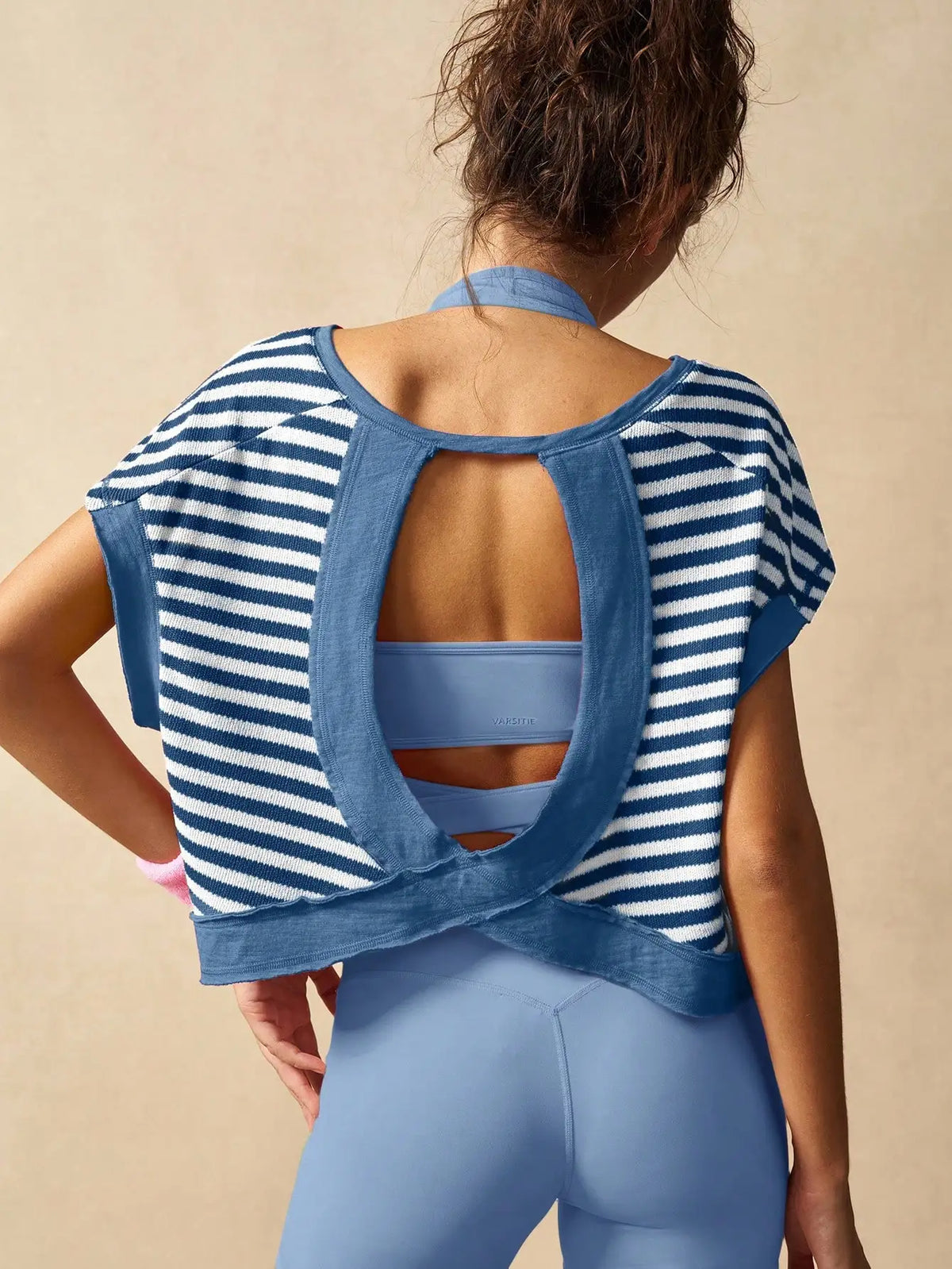 Women Striped Open Back Workout/Top Gym Crop Top Summer Active Wear Shirts
