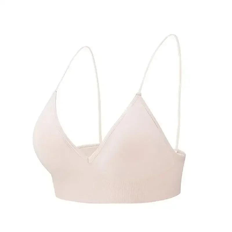 Women V Neck Seamless Triangle Cup Bra Camisole Breathable Gather Up/Chest Wrapped Underwear for Sports Fitness Yoga Casual