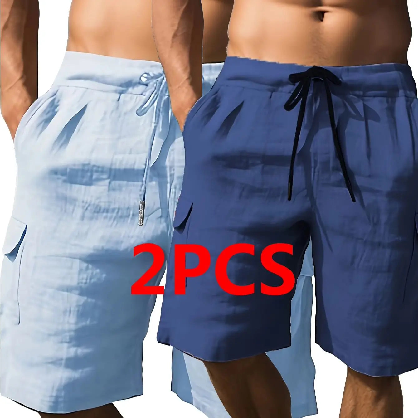 2PCS Men's Outdoor Shorts Drawstring Elastic Waist Multi Pocket/Bermuda Shorts Summer Loose Casual Beach Walking Shorts