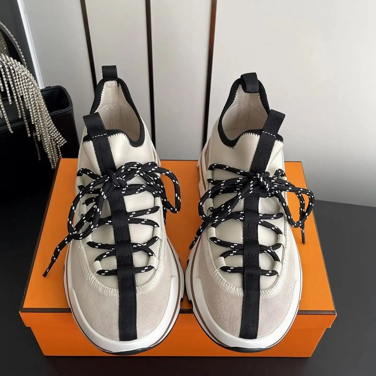 Beige Black Suede Platform Thick Sole/Sneakers for Men