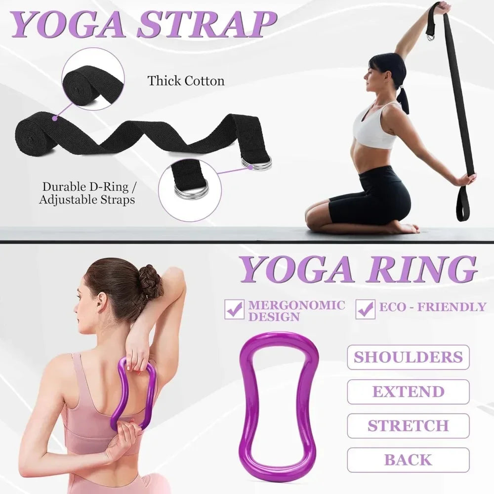 Yoga Wheel 12 in 1 Set with Back Roller for Pain Relief & Deep Tissue Massage/Yoga Blocks 2 Pack with Yoga Ring Yoga Strap