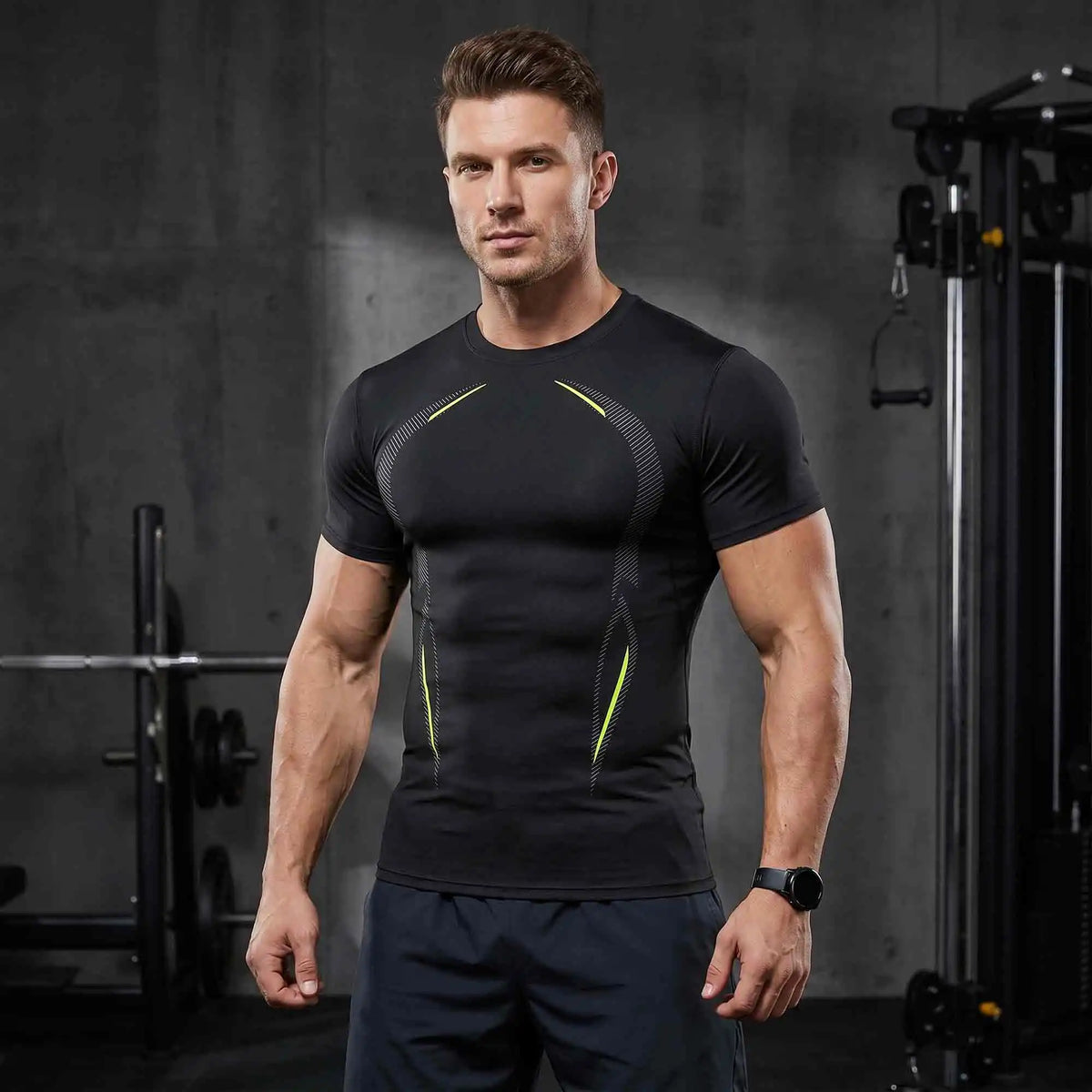 3-Pack Men's Compression Shirts Short Sleeve Gym Tops/Contour Line Workout Tees Moisture-Wicking Quick-Dry Performance