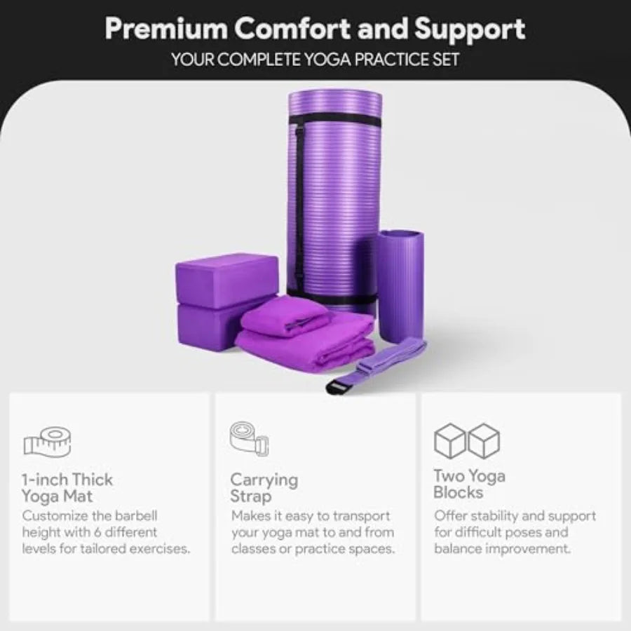 7-Piece Yoga Set with 71x24x1 Inches Extra Thick Mat/and Carrying Sling Includes 2 Blocks, Stretch Strap 2 Towels and Knee Pads