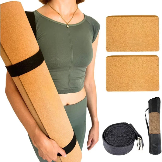Premium Cork Yoga Kit 5-pieces, Lightweight Cork Yoga Mat/2 Cork Blocks, Strap & Bag, Eco-Friendly Customized Home Gym