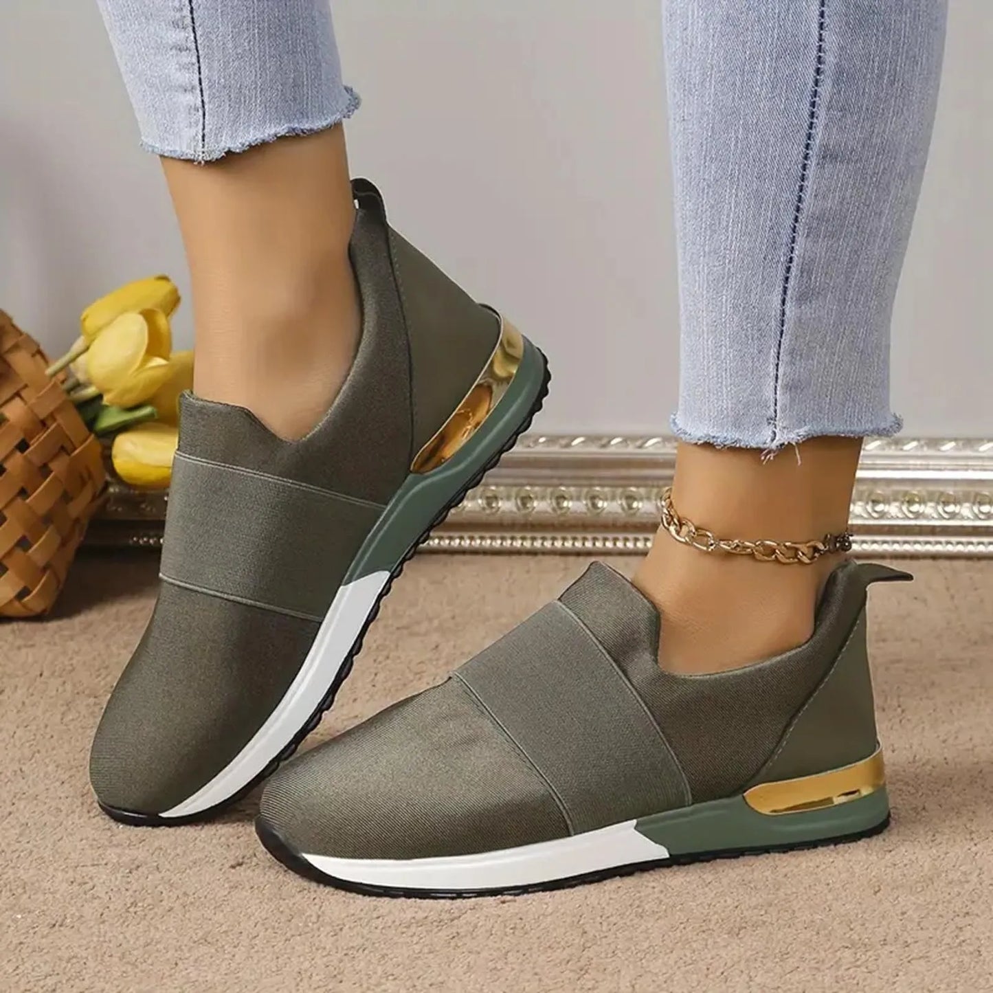 Women's Walking Sneakers Fashionable Breathable Mesh/Women's Casual Shoes With Arch Support Leather Slip On Shoes