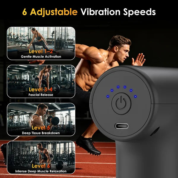 Mini Massage Gun Deep Tissue Percussion Muscle Massager 6 Adjustable Speeds/5 Interchangeable Massage Heads, Rechargeable Portable