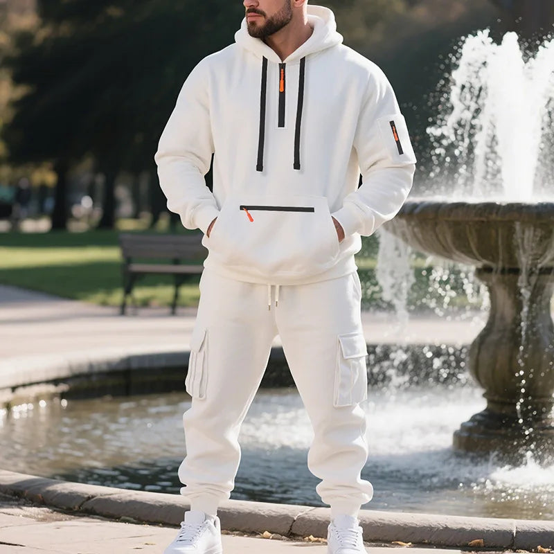 Men's sports suit style autumn and winter fleece men's casual/sportswear zipper sweater multi-pocket work pants suit