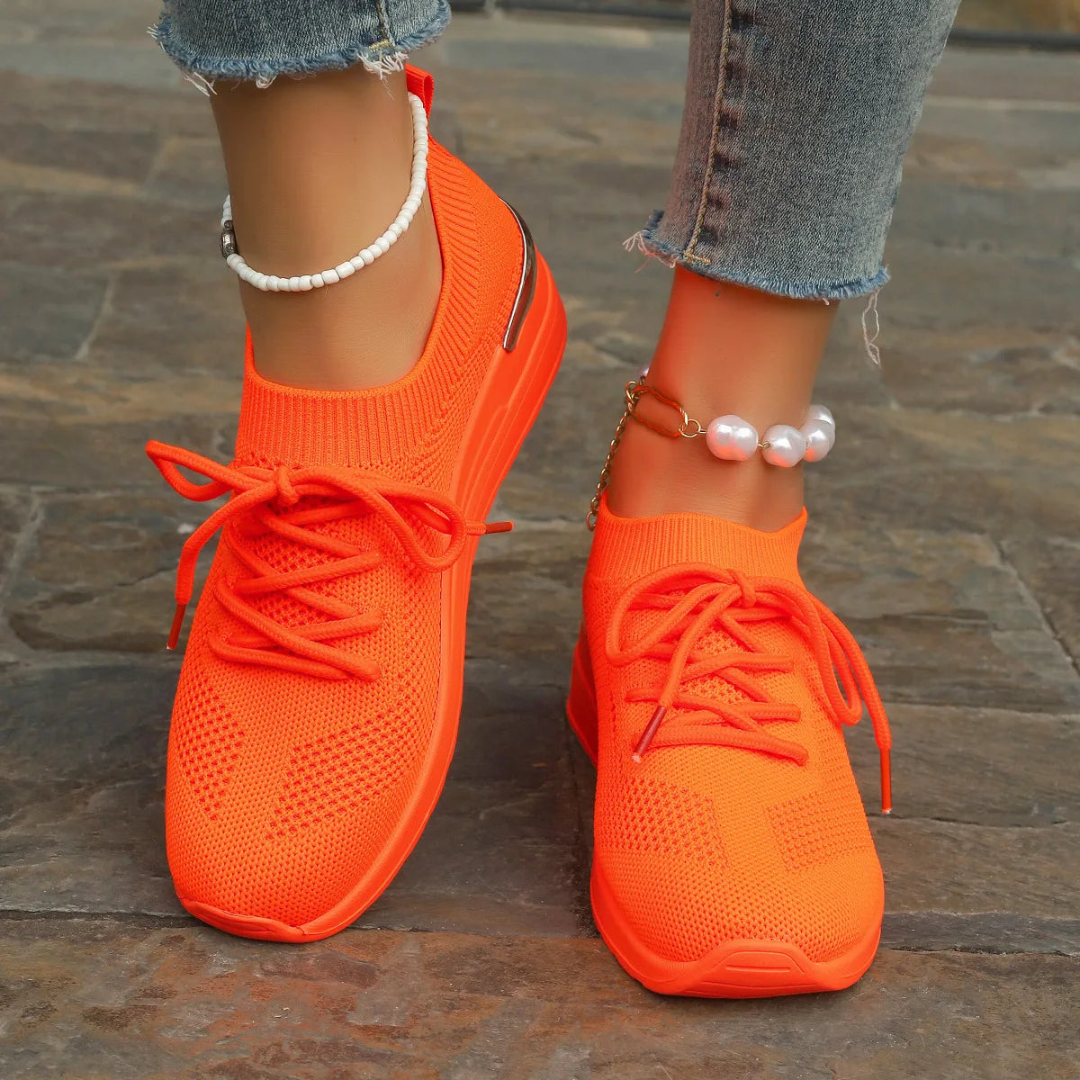 Spring Orange Casual Shoes Breathable Lightweight Wedge Sneakers Women/Woman Slip On Comfortable Outdoors Mesh Sports Shoes