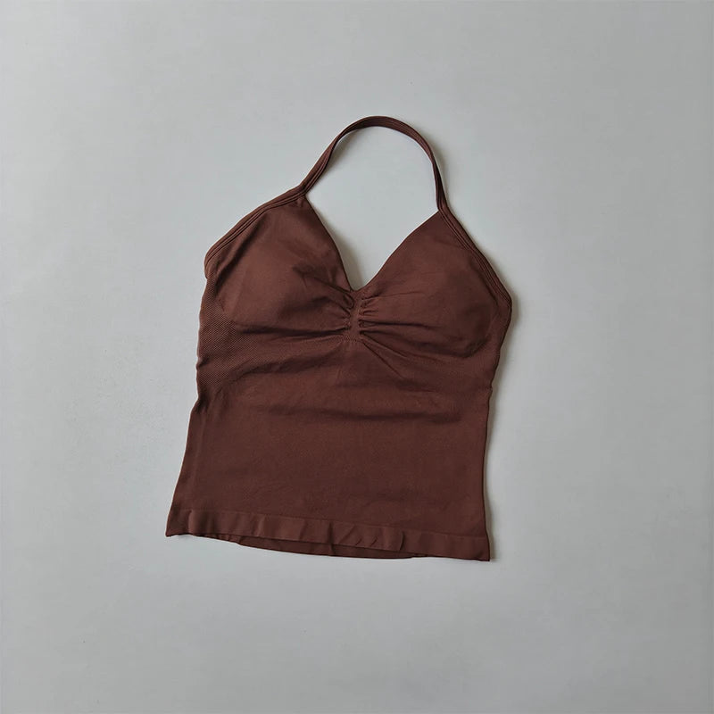 Longline Strappy Seamless Yoga Tank Top Backless/Gym Vest with Built-in Bra Sleeveless Workout Top