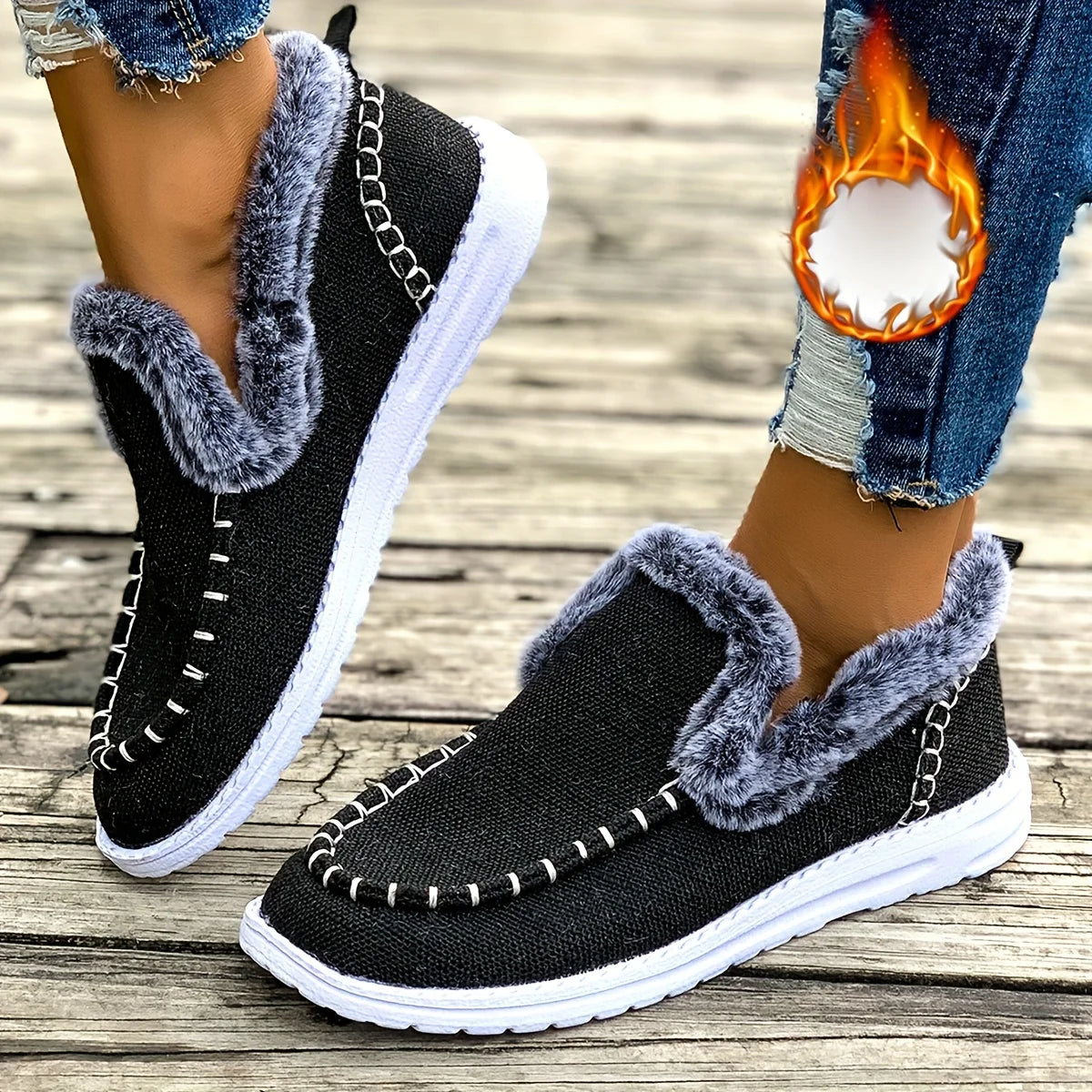 Women Winter Denim Fabric Fuzzy Fleece Lined Loafers Slip On/Warm Moccasin Shoes Non Slip Wear-resistant Soft Sole