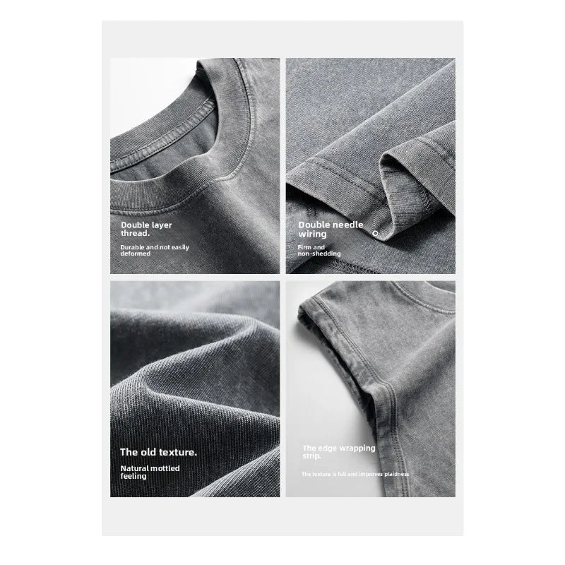 230g Pure Cotton European and American High Street Retro Washed/Distressed Sleeveless Vest Men's Casual Loose Shoulder T-shirt