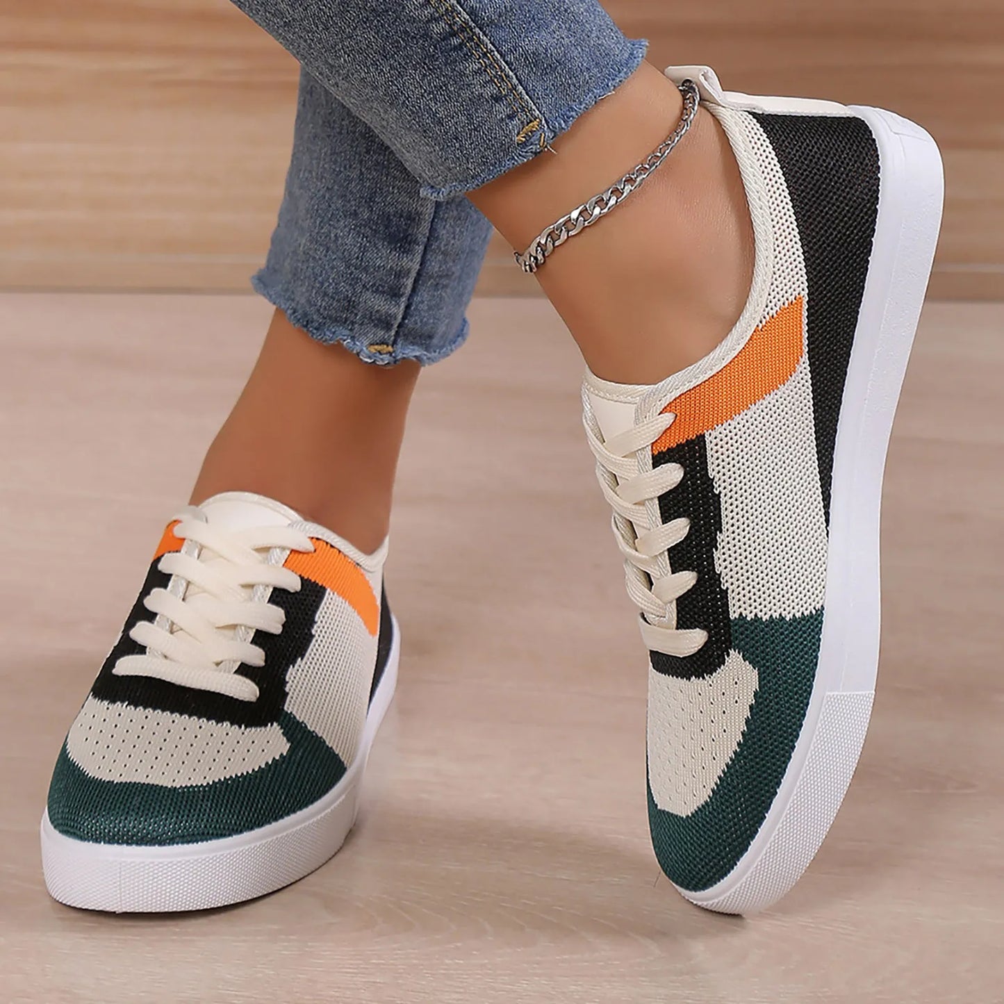 Women Casual Durable Low Heel Hiking Shoes Fashionable/Green Flat Round Toe Single Shoes Women Sneakers