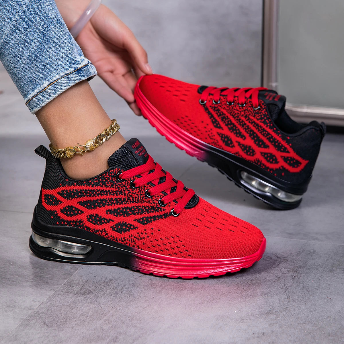 Women Air Cushion Running Sneakers Breathable Knit Mesh Shock Absorbing/Non Slip Lightweight Lace Up Sports Shoes Outdoor Walking Shoes
