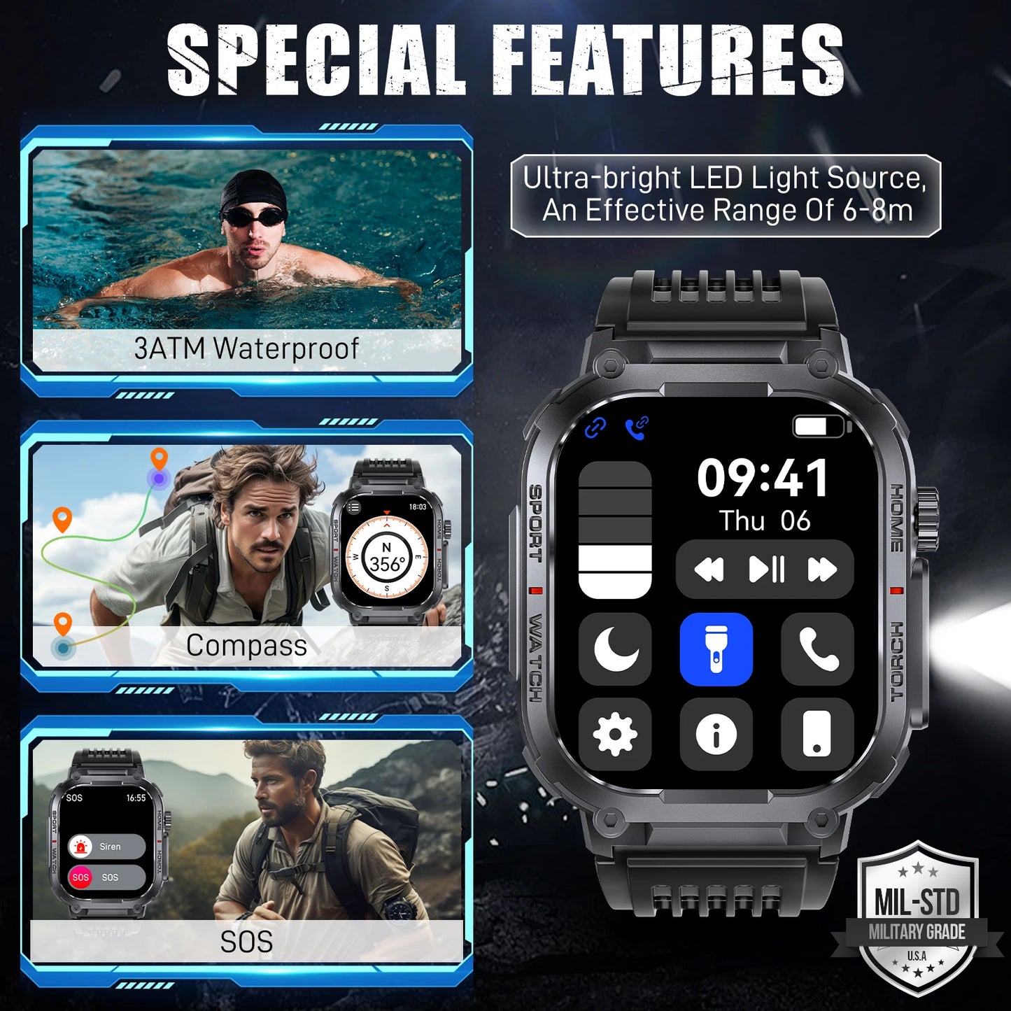 LaNikar New Smart Watch Men 3ATM Waterproof 2.02"S320B With Compass/And LED Flashlight Sports And Fitness Tracking Heart Rate