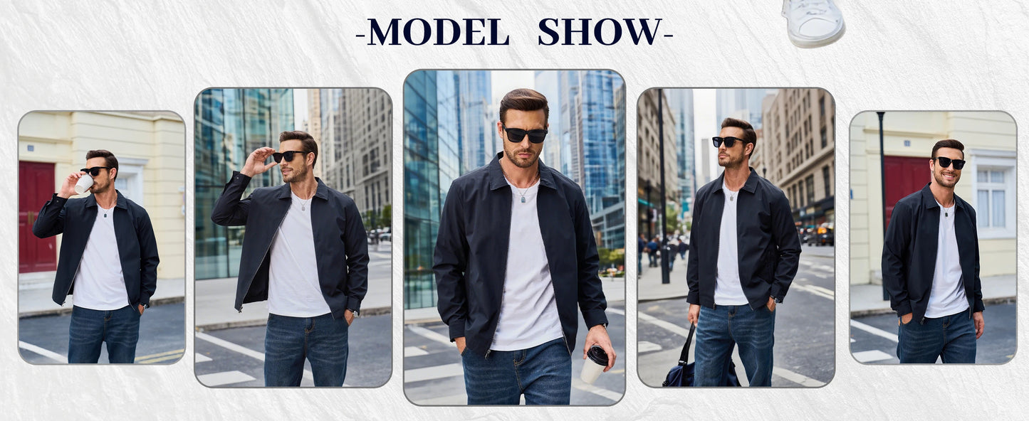 Men's Lightweight Windbreaker Jacket Full Zip Casual Jacket/Water-Repellent Coat with Zip Pockets Golf Work Outdoor