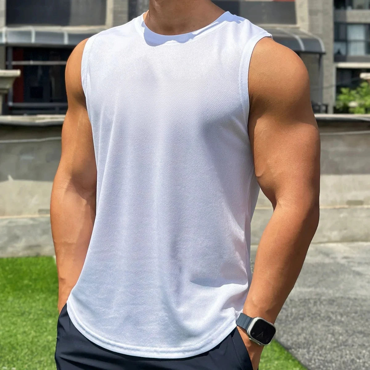 Summer New Trend Men's Pullover Round Neck Mesh Bottom Shirt/Sports Fitness Swimming Running Shirt Sleeveless Vest Quick Dry