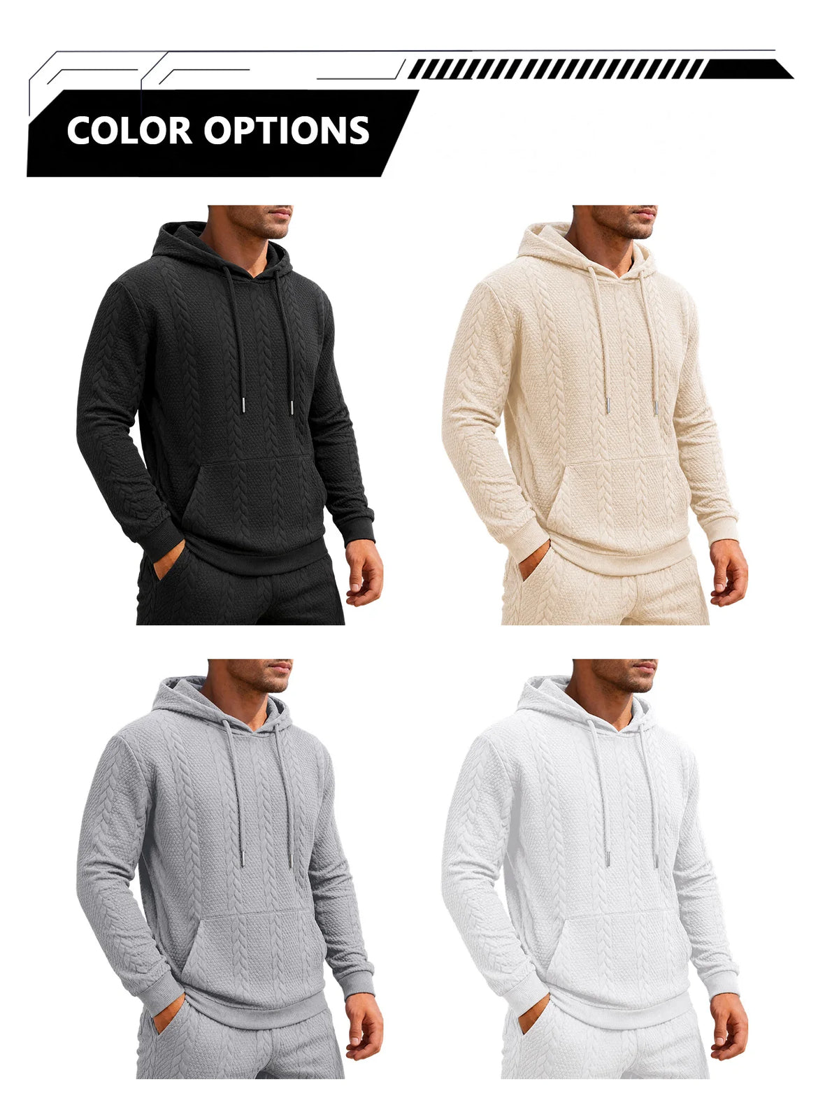 Men's Winter Warm Fleece Hoodie Cable Knit Textured Pullover/Hooded Sweatshirt Kangaroo Pocket for Gym Street Cold Weather Jacket