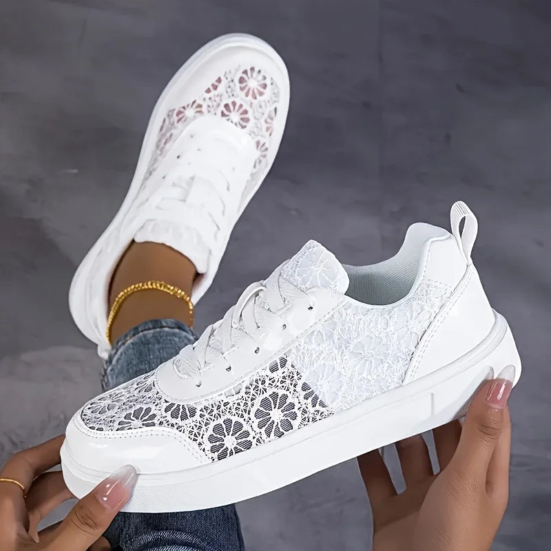 New Arrival Women Lace Mesh Platform Sneakers Floral Embroidery/Breathable Slip On Lace Up Casual Walking Shoes