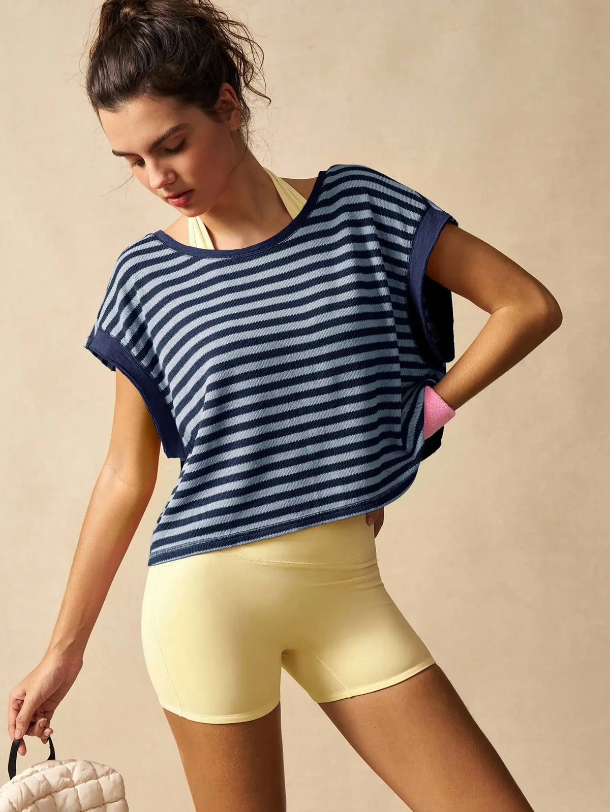 Women Striped Open Back Workout/Top Gym Crop Top Summer Active Wear Shirts