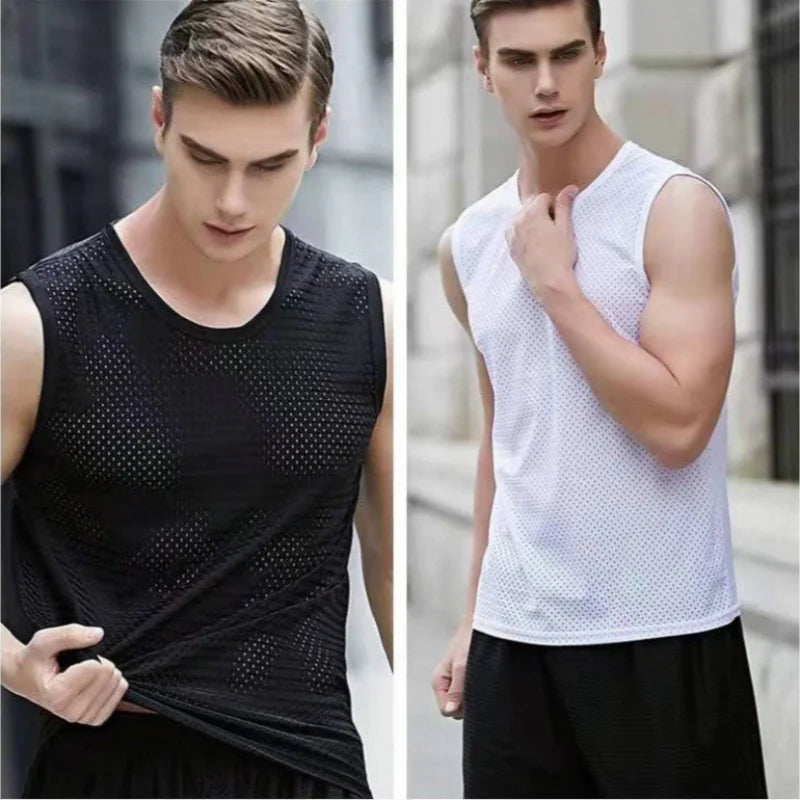 Summer Men Ice Silk Tank Top Mesh Quick Dry/Breathable Sleeveless Sport Bodybuilding Vest