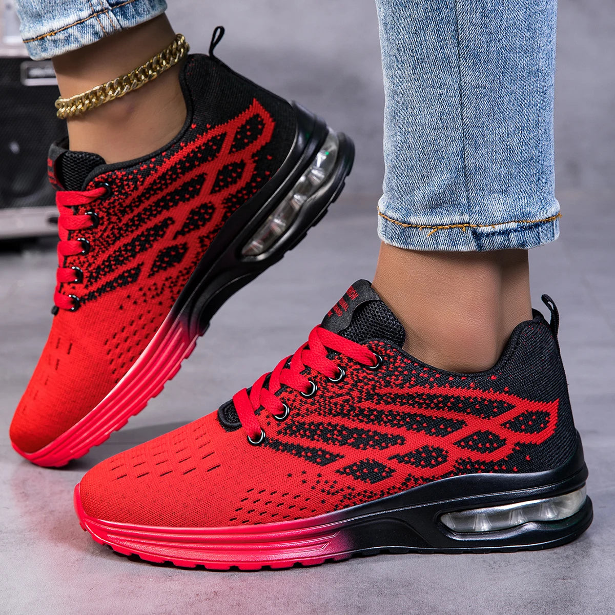 Women Air Cushion Running Sneakers Breathable Knit Mesh Shock Absorbing/Non Slip Lightweight Lace Up Sports Shoes Outdoor Walking Shoes