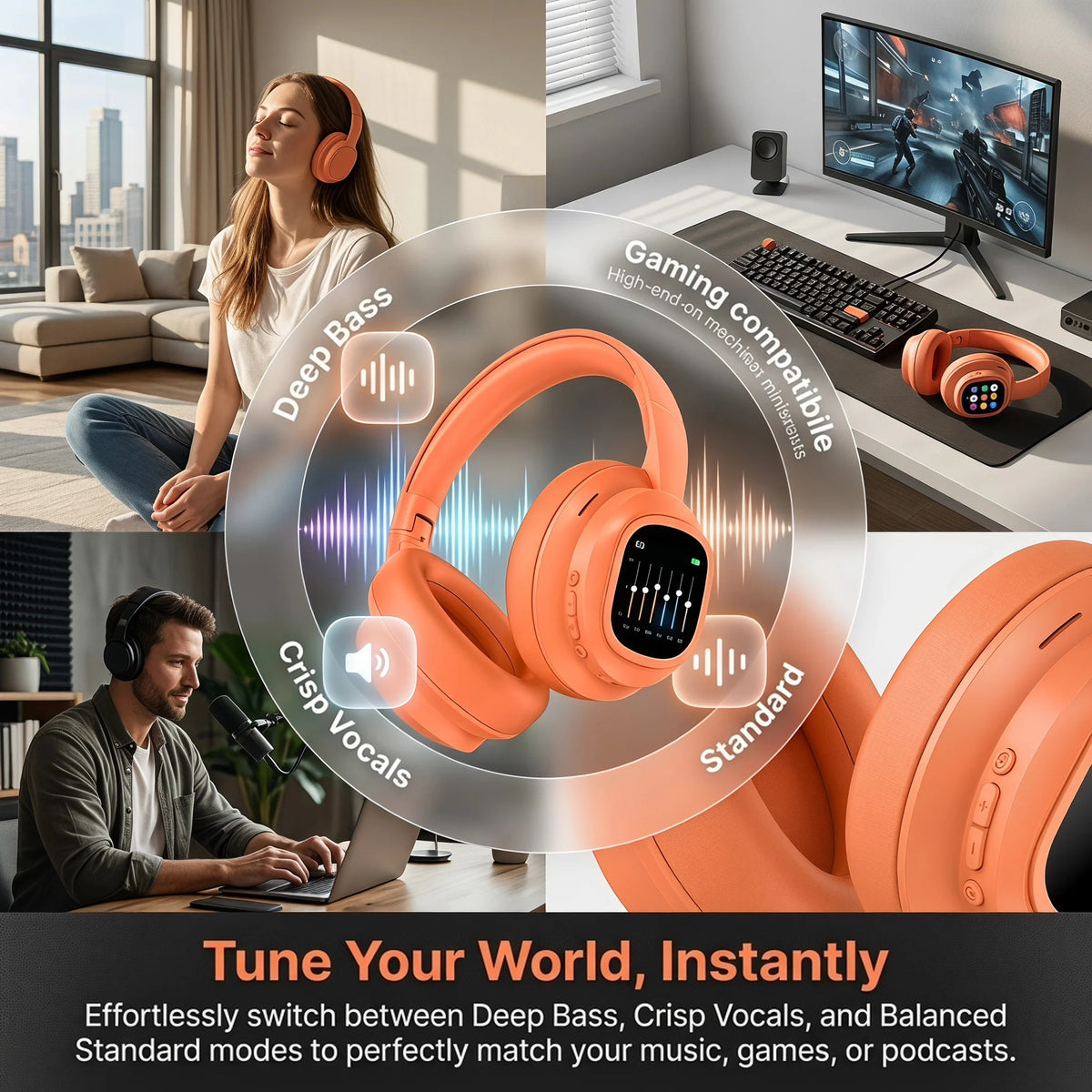 Over‑Ear Bluetooth Headphones with Detachable Magnetic Touch Screen/Noise Cancelling, Hi‑Fi Stereo Sound, Foldable Headphone for Phone