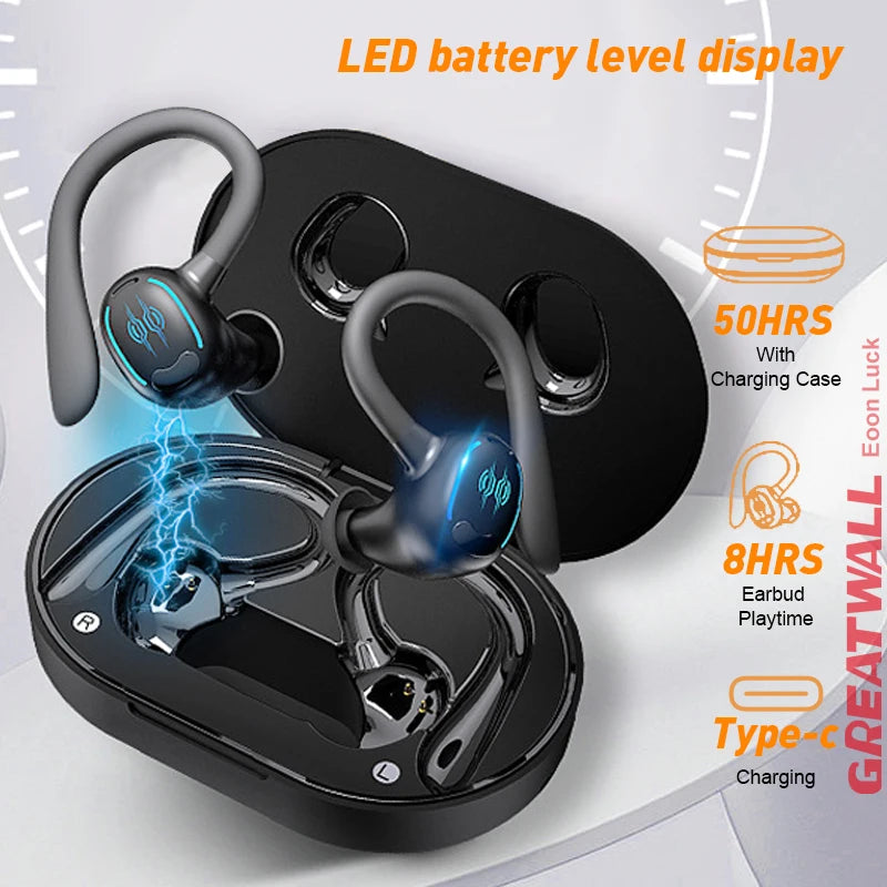 GREATWALL Wireless Bluetooth Earphones HiFi Stereo Headphones/Sports LED Power Display Over Ear Earbuds