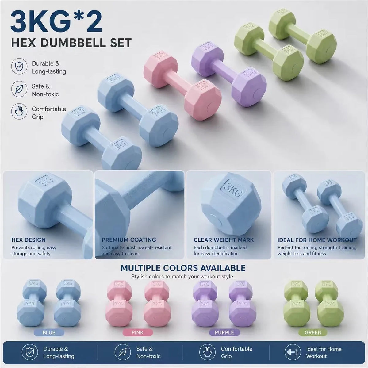 Pack of 2 6.61LB stylish dumbbells Smooth non-slip coating/durable cement fitness equipment, stylish strength training gadgets