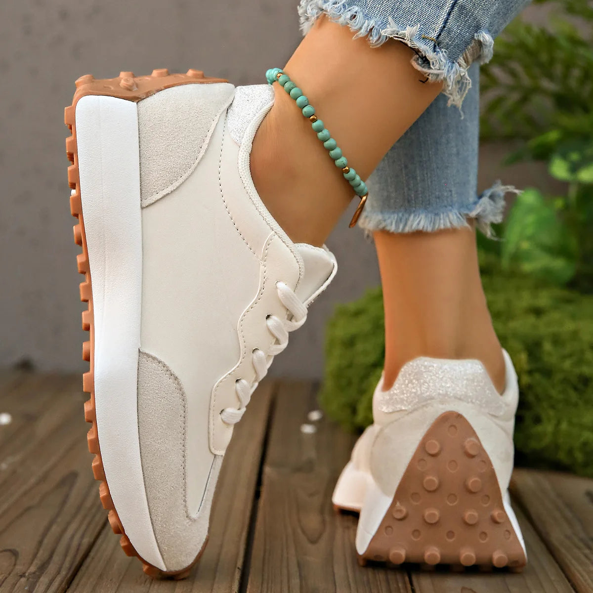 2026 New Arrival Green Sneakers Women Leather Mesh/Patchwork Platform Sneakers Anti Slip Casual Walking Shoes Lace Up