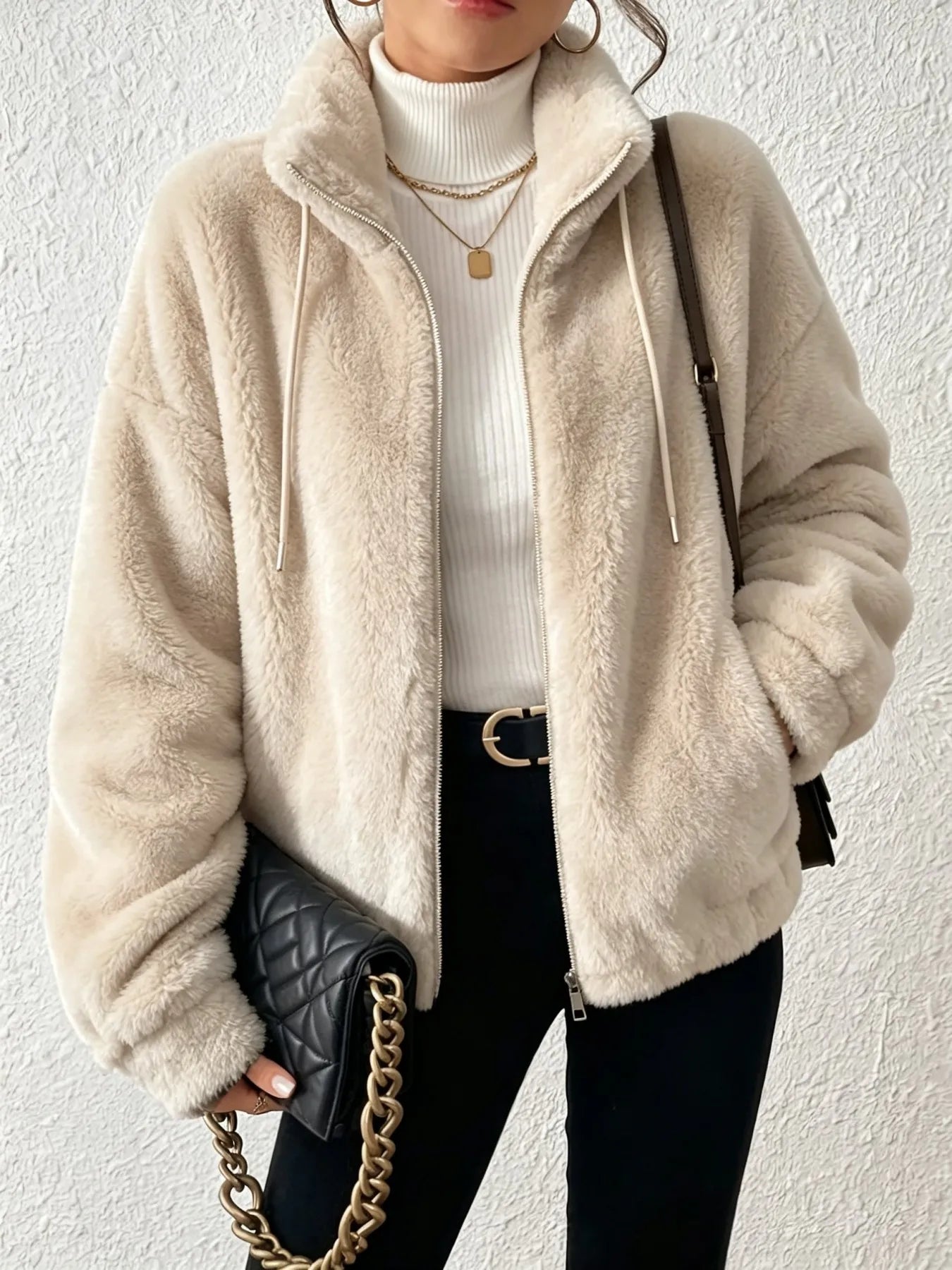 Women Fuzzy Fleece Zip Up Jacket Stand Collar Drawstring Loose/Oversized Coat Warm Plush Winter Outerwear Casual Streetwear