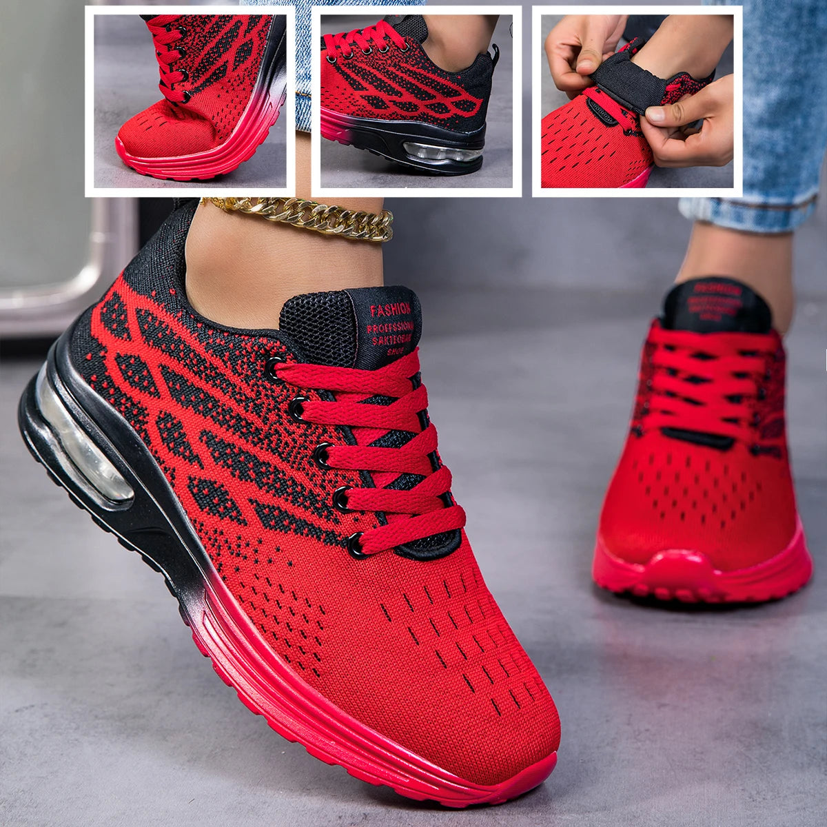 Women Air Cushion Running Sneakers Breathable Knit Mesh Shock Absorbing/Non Slip Lightweight Lace Up Sports Shoes Outdoor Walking Shoes