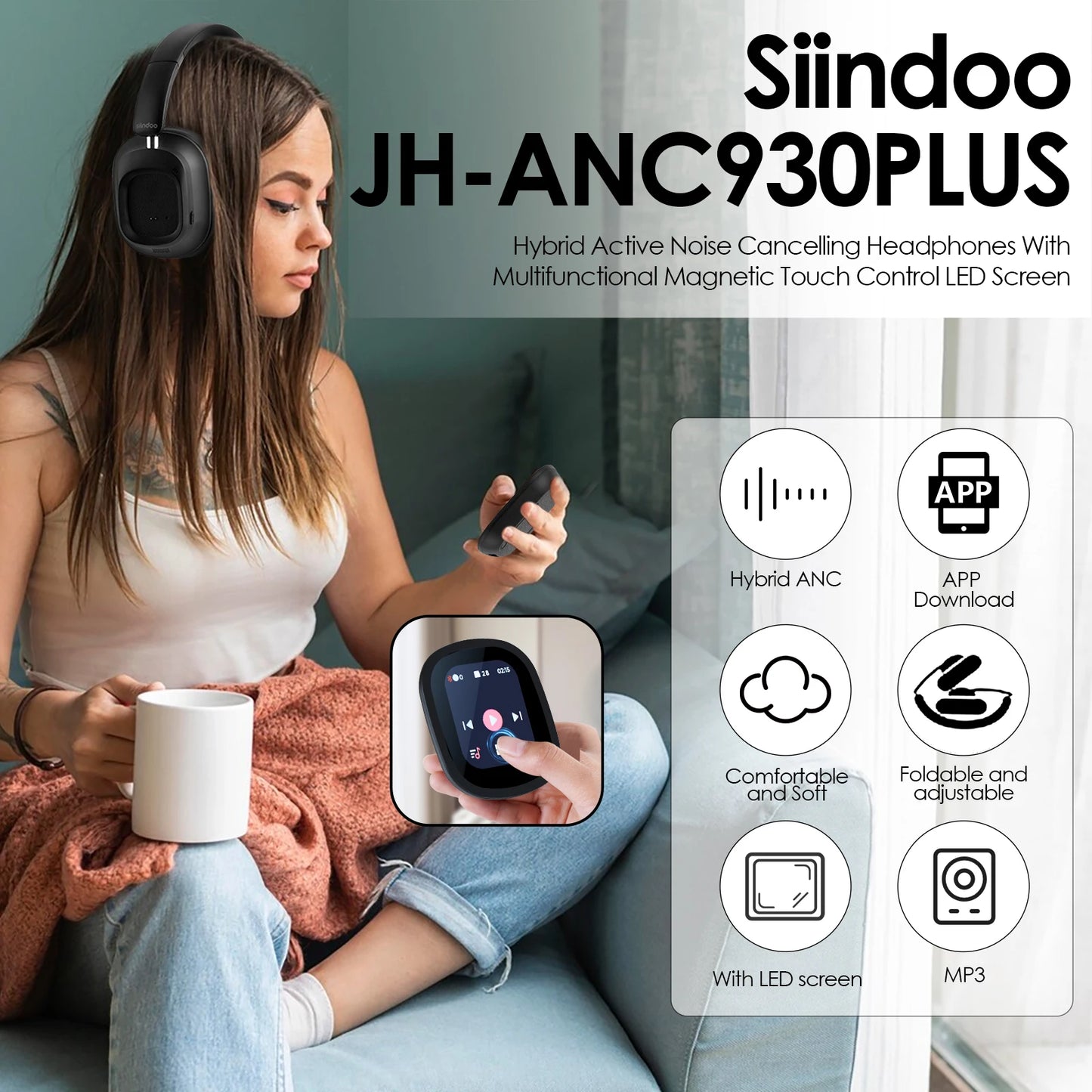 Siindoo JH-ANC930Plus Hybrid Wireless Headphone Active Noise Cancelling Headphones/With Multi Magnetic Touch Control LED Screen