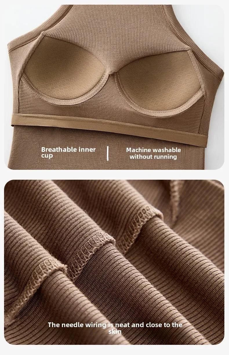 Threaded Halter Neck Camisole Top With Build-in Bra High Elastic/Slim-fitting Sling Fixed Cup Breathable Women Tank top