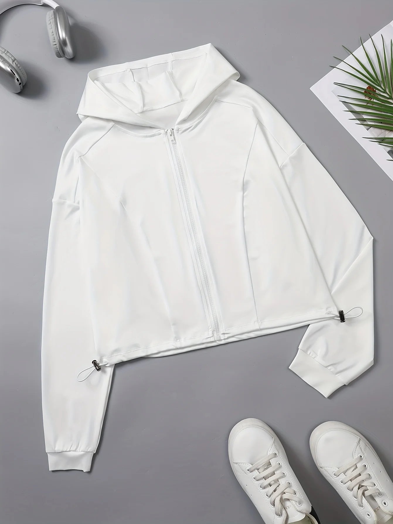 Women's High-Elasticity Short Zippered Hooded Jacket with Collar & H-Fit/All-Season Gym, Yoga  Running Coat Solid Color