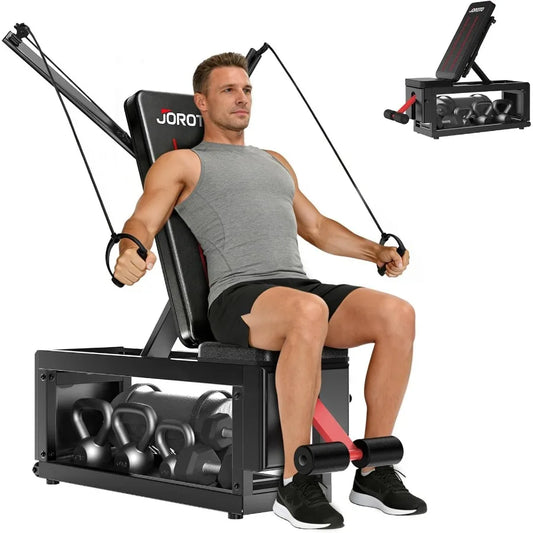 Adjustable Flat Workout Bench with Cable Fly Machine for Home Gym/990 lb Capacity Steel Frame Black Built-in Storage Ideal