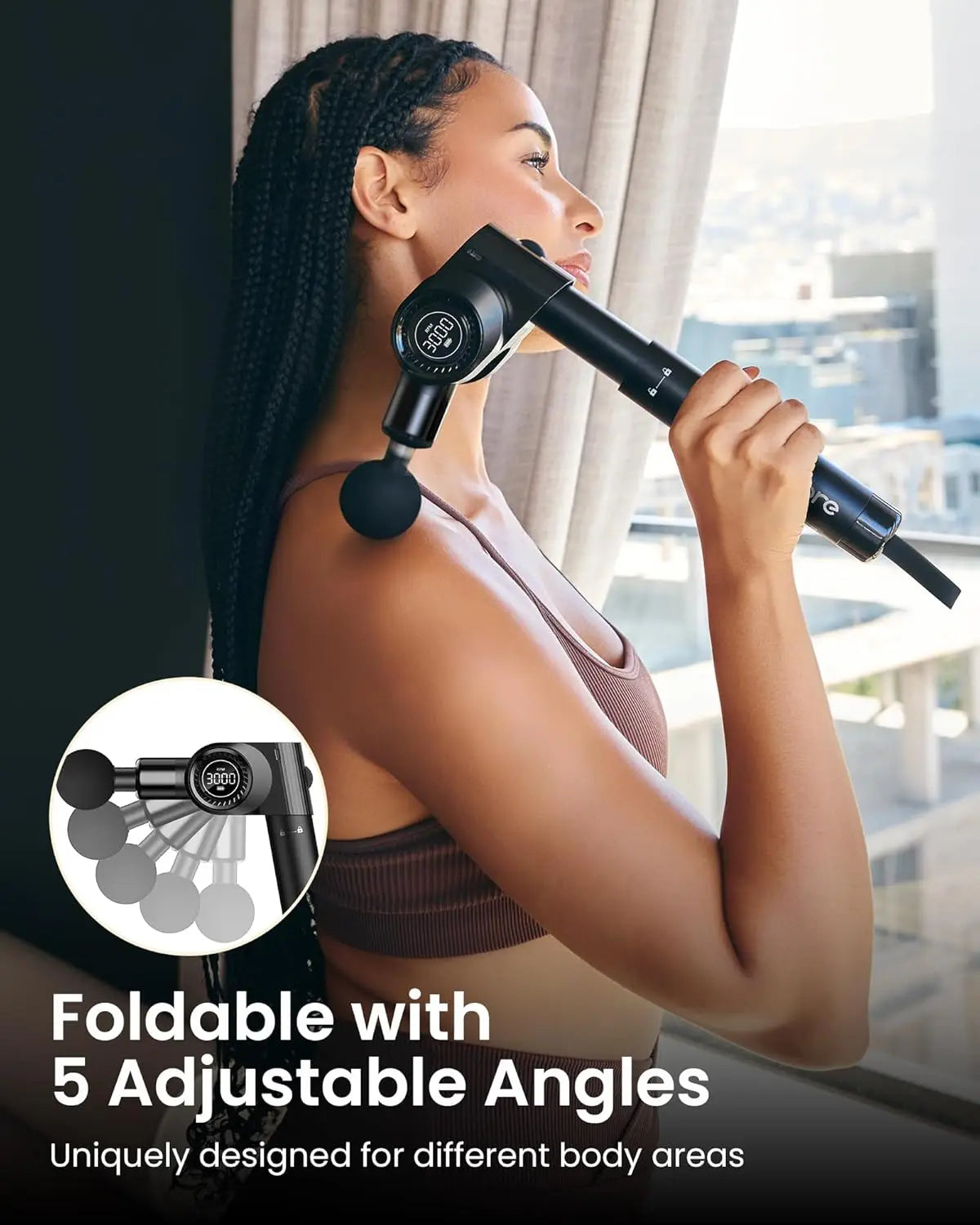 Foldable Massage Gun with Extension Handle 5 Adjustable Angles/Deep Tissue Back Massager 32 Speeds, 6 Heads, Quiet & Portable