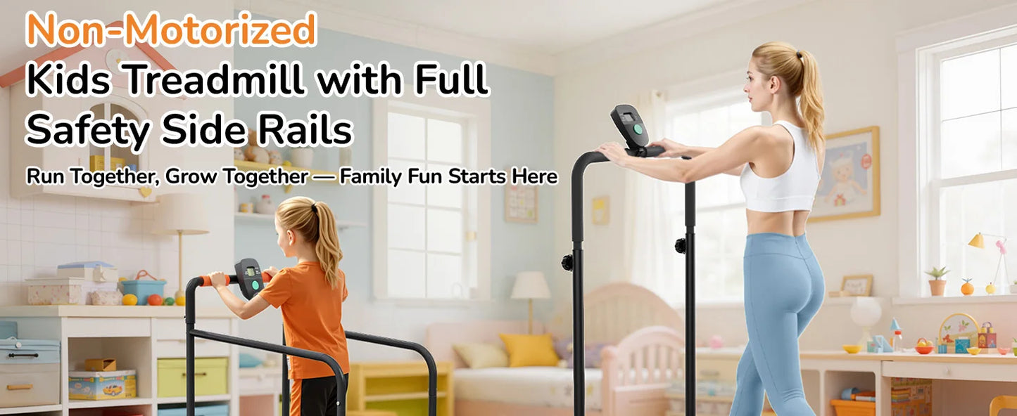 AKLUER Kids Walking Pad Treadmill Non-Electric Indoor Exercise Equipment for Boys & Girls Self-Propelled Fitness Toy with Front Padded Railing