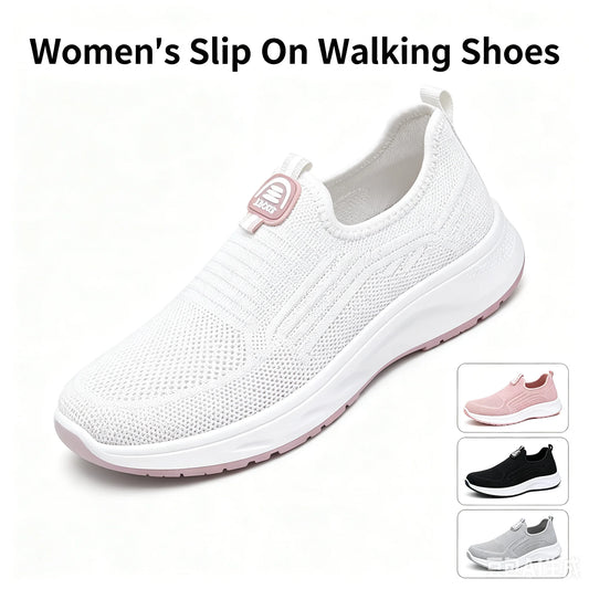 New Women Slip On Walking Sneakers Breathable Flying Knit Mesh/Casual Loafers Lightweight Cushion Platform Non Slip Sneakers