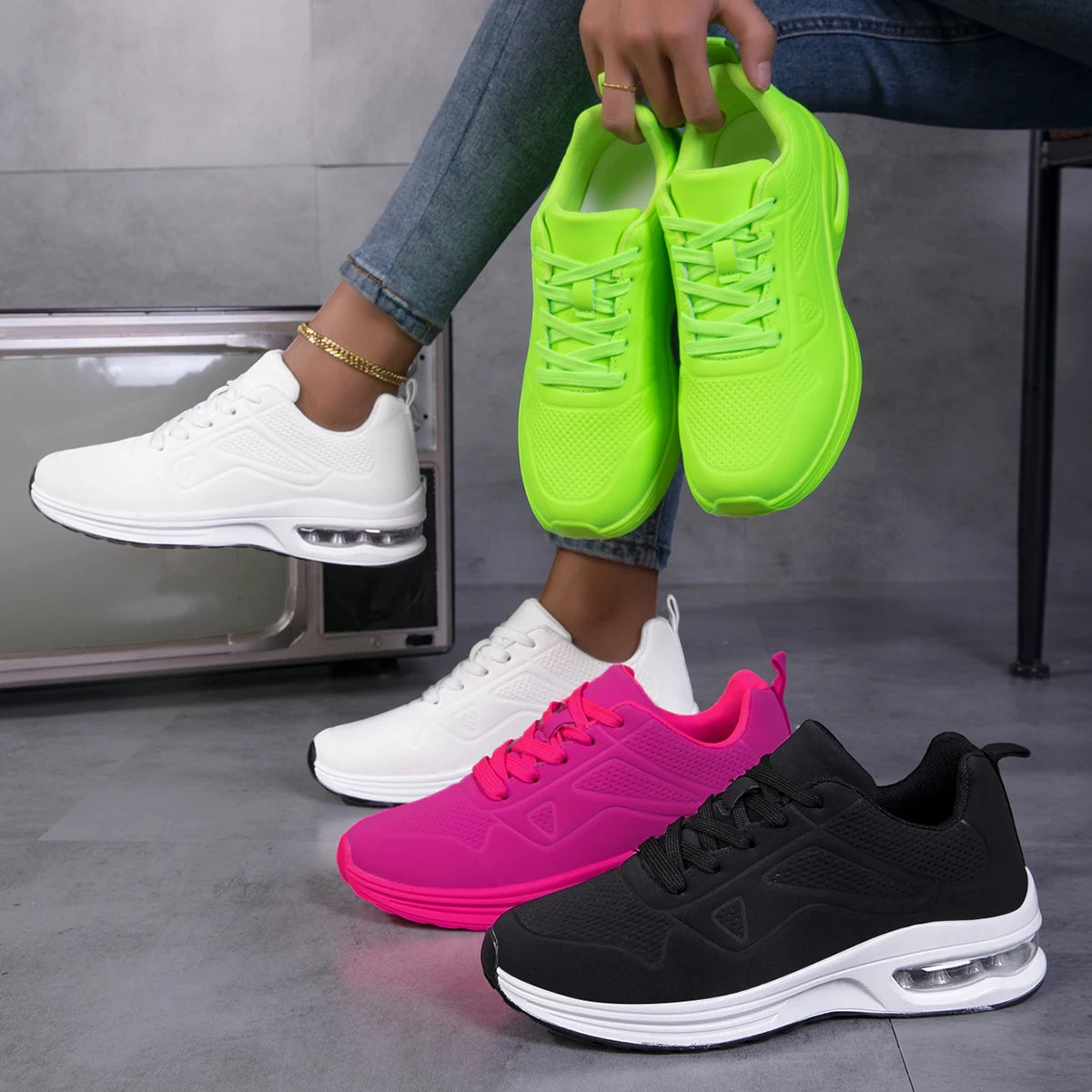 Women Solid Color Air Cushion Walking Sneakers Breathable/Soft Upper Shock Absorb Non Slip Lace Up Lightweight Sports Shoes Gym